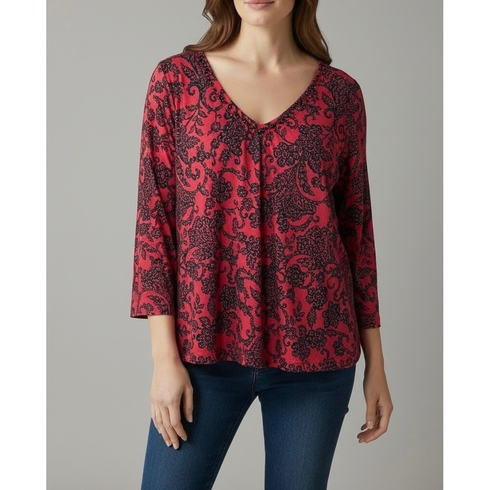 Susan Graver XL Style Red Black Floral Paisley Beaded V-Neck 3/4 Sleeve Top XL